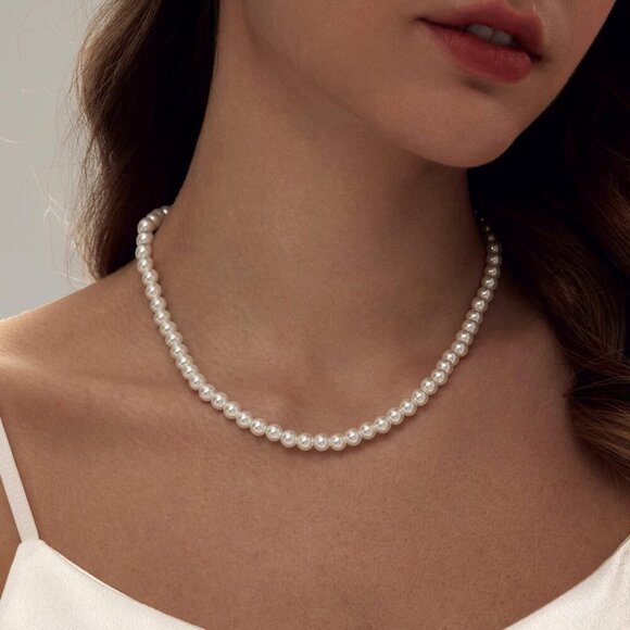Pearl Necklace 4MM/6MM/8MM Dainty Round Imitation Pearl Choker Necklace Wedding - Picture 2 of 6